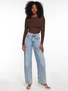 SHEIN EZwear 褶邊螺紋針織短款T恤 - 咖啡棕 - 查看 4