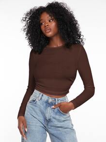 SHEIN EZwear 褶邊螺紋針織短款T恤 - 咖啡棕 - 查看 5