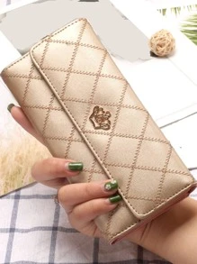 Metallic Crown Decor Stitch Detail Long Wallet Checkbook Cover Lightweight, Modern, Business Credit Card, ID Card, Money, Cash Business Casual Teacher's Day, Teacher Gifts, Work, Business, Commute, Travel, Holiday, Office, Vacation, For Anniversary, For Couple, For Birthday Gift, On Valentine Day, For Gift For Lady, For Female, White-Collar Workers, For Women Gift - Champagne - View 2