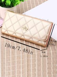 Metallic Crown Decor Stitch Detail Long Wallet Checkbook Cover Lightweight, Modern, Business Credit Card, ID Card, Money, Cash Business Casual Teacher's Day, Teacher Gifts, Work, Business, Commute, Travel, Holiday, Office, Vacation, For Anniversary, For Couple, For Birthday Gift, On Valentine Day, For Gift For Lady, For Female, White-Collar Workers, For Women Gift - Champagne - View 3