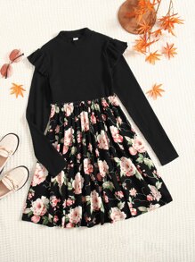 SHEIN Teen Girls Floral print Ruffle Trim Dress - Black - View 1