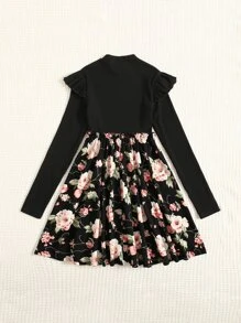 SHEIN Teen Girls Floral print Ruffle Trim Dress - Black - View 2