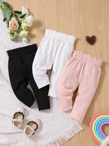 Baby 3pcs Paperbag Waist Ribbed Knit Trousers - Multicolor - View 1