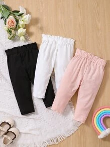 Baby 3pcs Paperbag Waist Ribbed Knit Trousers - Multicolor - View 2