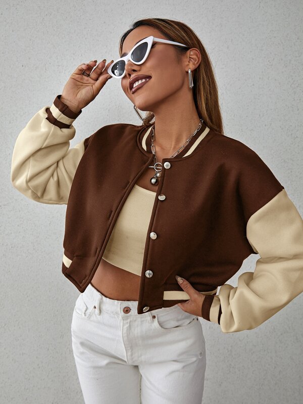 Dropped Shoulder Dual-Color Short Jacket, Collegiate Style