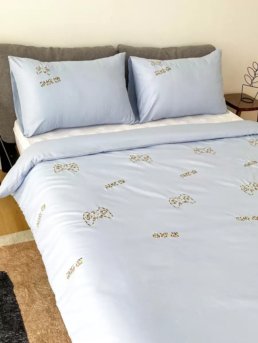 Gamepad & Letter Embroidery Duvet Cover Set Without Filler - Blue - View 1