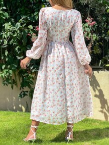 SHEIN Holidaya Vestido con estampado floral fruncido de cuello cuadrado de manga farol - Blanco - Ver 2