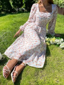 SHEIN Holidaya Vestido con estampado floral fruncido de cuello cuadrado de manga farol - Blanco - Ver 6