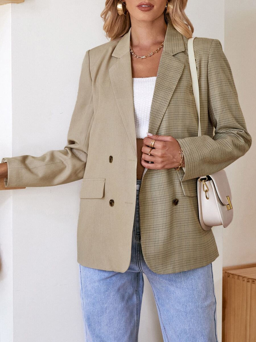 Plaid Double Breasted Blazer - Khaki - View 1