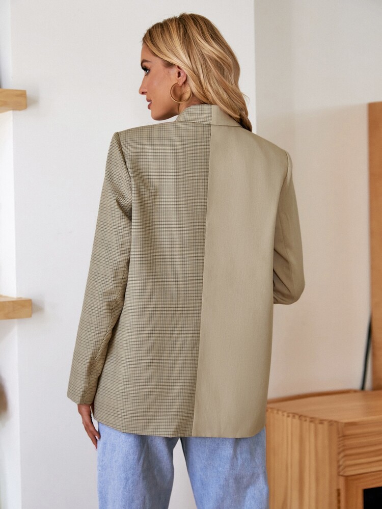 Plaid Double Breasted Blazer - Khaki - View 2