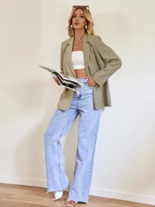 Plaid Double Breasted Blazer - Khaki - View 4