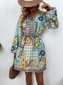 Aveloria 色塊拼接圖案燈籠袖繫腰帶洋裝 - 彩色 - 查看 1