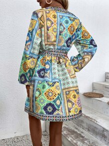 Aveloria 色塊拼接圖案燈籠袖繫腰帶洋裝 - 彩色 - 查看 2