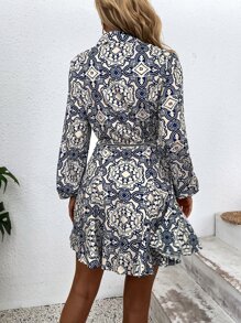 SHEIN VCAY Random Allover Print Belted Shirt Dress - Multicolor - View 2