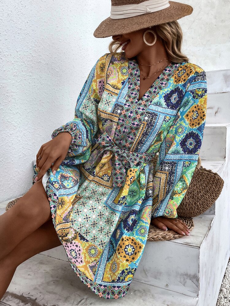 Aveloria 色塊拼接圖案燈籠袖繫腰帶洋裝 - 彩色 - 查看 4