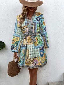 Aveloria 色塊拼接圖案燈籠袖繫腰帶洋裝 - 彩色 - 查看 5