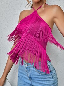 SHEIN Privé Solid Backless Fringe Halter Top - Hot Pink - View 1