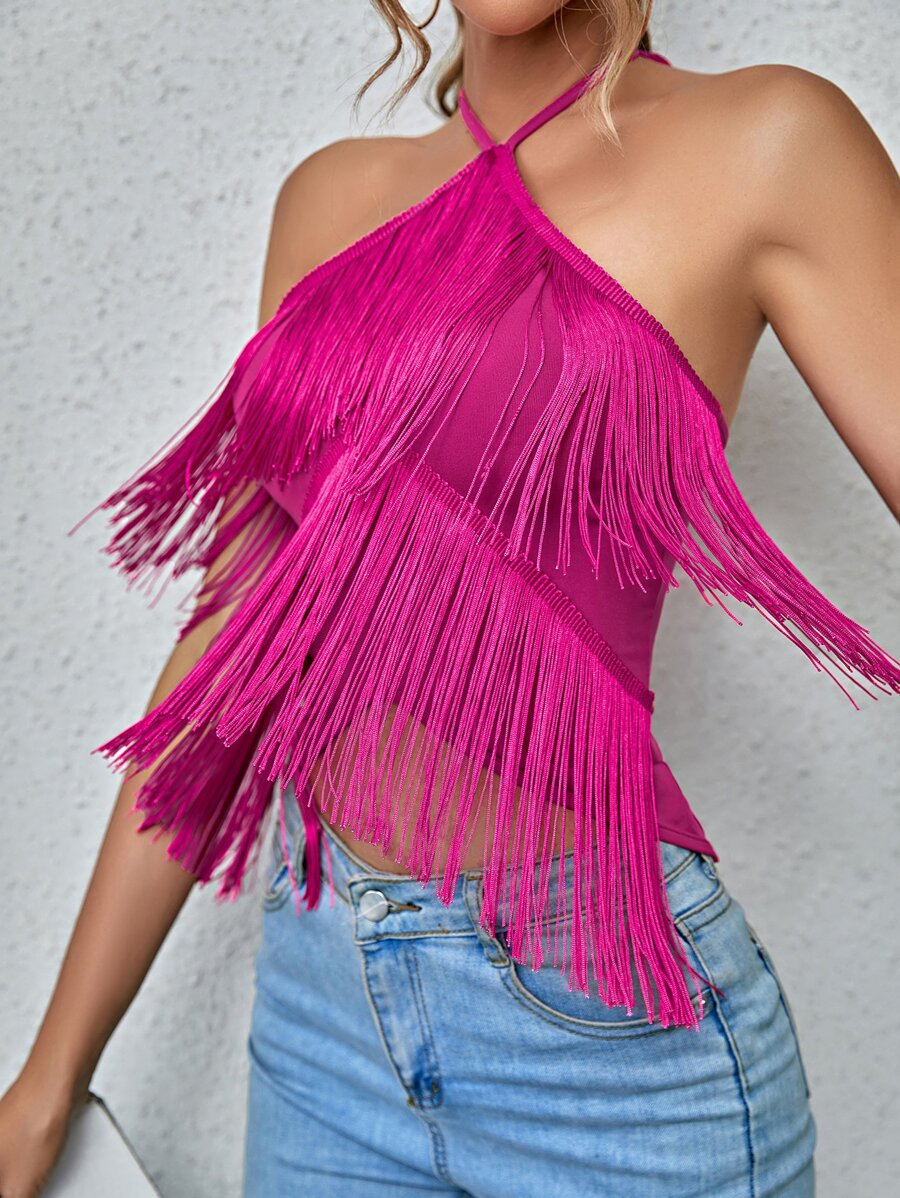 SHEIN Privé Solid Backless Fringe Halter Top - Hot Pink - View 1