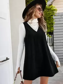 SHEIN Frenchy 素色V領燈芯絨洋裝無毛衣 - 黑色 - 查看 3