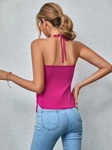 SHEIN Privé Solid Backless Fringe Halter Top - Hot Pink - View 3