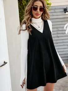 SHEIN Frenchy 素色V領燈芯絨洋裝無毛衣 - 黑色 - 查看 4