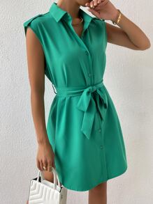 SHEIN Solid Button Front Belted Shirt Dress - Green - View 1