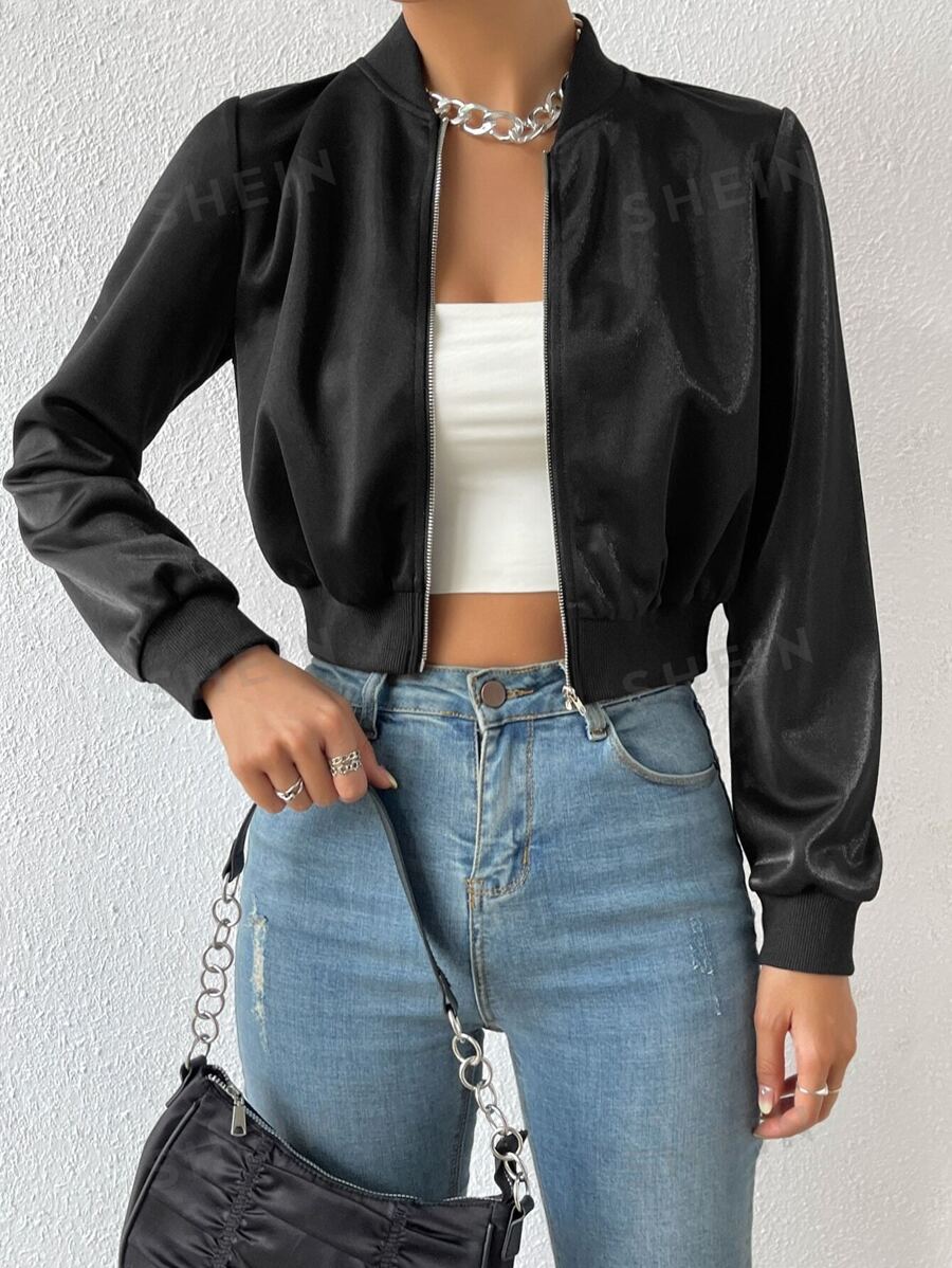 SHEIN EZwear Ropa De Primaverachaqueta Bomber Corta Con Cremallera ...