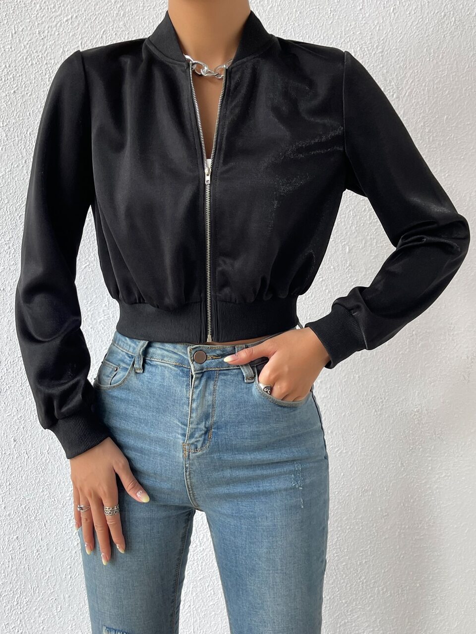 Women's Black Zip Up Crop Bomber Jacket,Autumn Casual Streetwear Everyday Lightweight Solid Ladies Spring Fall Regular Fit Baseball Collar Jackets