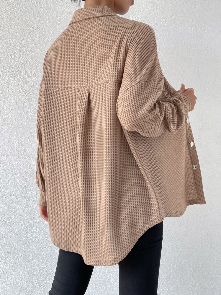 SHEIN Essnce Áo khoác nữ Túi Nút phía trước màu trơn Giải trí - Màu Khaki - Xem 2