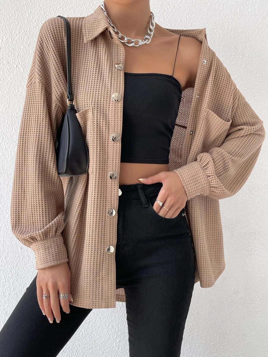 SHEIN Essnce Drop Shoulder Pocket Patched Coat - Khaki - View 1