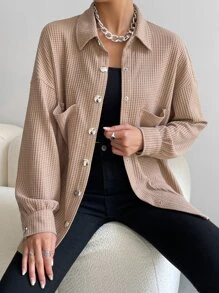 SHEIN Essnce Drop Shoulder Pocket Patched Coat - Khaki - View 4