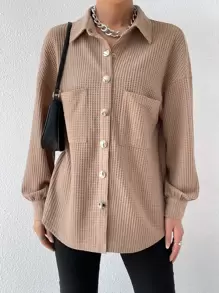 SHEIN Essnce Drop Shoulder Pocket Patched Coat - Khaki - View 5