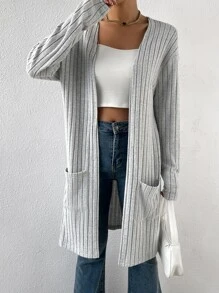 SHEIN Essnce Drop Shoulder Pocket Patched Open Front Coat - Grey - View 5