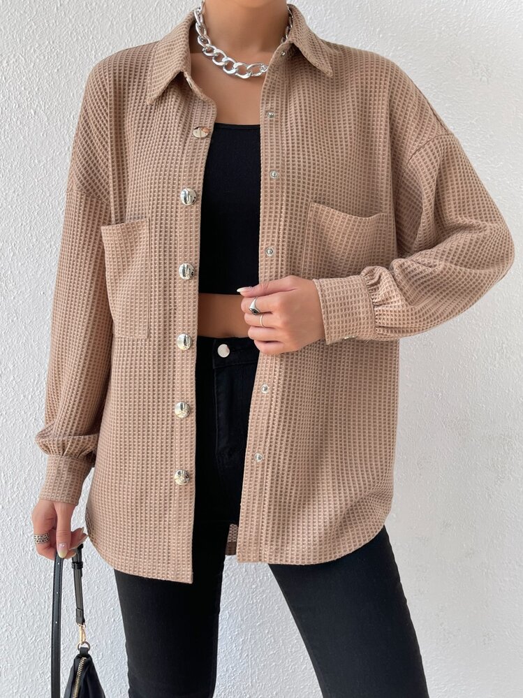 SHEIN Essnce Áo khoác nữ Túi Nút phía trước màu trơn Giải trí - Màu Khaki - Xem 6