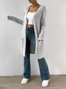 SHEIN Essnce Drop Shoulder Pocket Patched Open Front Coat - Grey - View 6