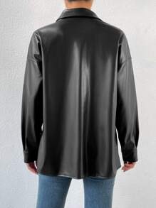 Firerie Drop Shoulder PU Black Coat,Ladies Late Fall Casual Button Drop Shoulder Collar Regular Fit Black Plain Women Coats,Casual Daily Wear,Fall And Winter,Black,PU,Long Sleeve - Black - View 2