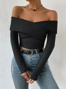 SHEIN Privé Top corto de hombros descubiertos tejido de canalé - Negro - Ver 1