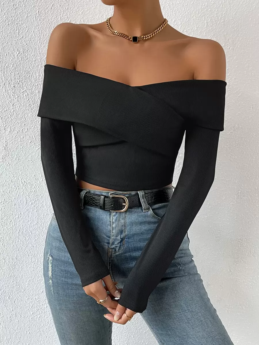 SHEIN Privé Top corto de hombros descubiertos tejido de canalé - Negro - Ver 1