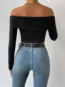SHEIN Privé Top corto de hombros descubiertos tejido de canalé - Negro - Ver 2