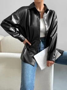 Firerie Drop Shoulder PU Black Coat,Ladies Late Fall Casual Button Drop Shoulder Collar Regular Fit Black Plain Women Coats,Casual Daily Wear,Fall And Winter,Black,PU,Long Sleeve - Black - View 4