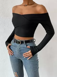 SHEIN Privé Top corto de hombros descubiertos tejido de canalé - Negro - Ver 4