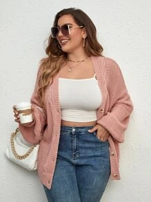 SHEIN LUNE Plus Cable Knit Drop Shoulder Cardigan - Dusty Pink - View 3