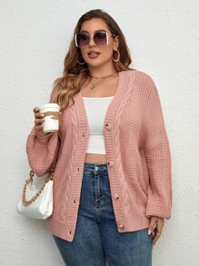 SHEIN LUNE Plus Cable Knit Drop Shoulder Cardigan - Dusty Pink - View 4