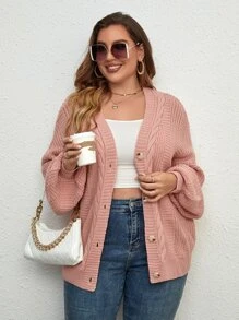 SHEIN LUNE Plus Cable Knit Drop Shoulder Cardigan - Dusty Pink - View 5