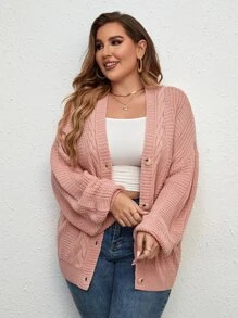 SHEIN LUNE Plus Cable Knit Drop Shoulder Cardigan - Dusty Pink - View 6