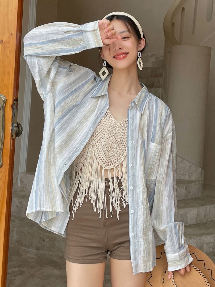 DAZY Striped Drop Shoulder Shirt - Multicolor - View 1