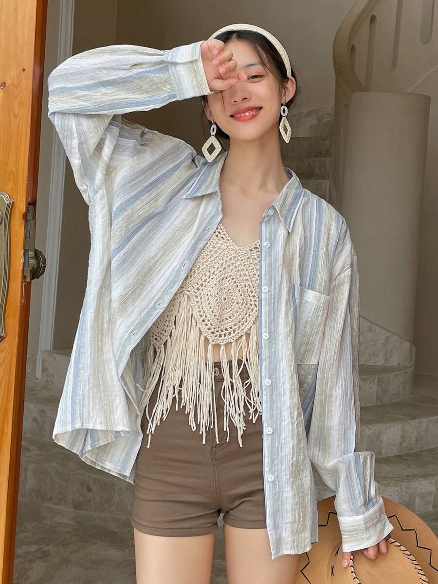 DAZY Striped Drop Shoulder Shirt - Multicolor - View 1