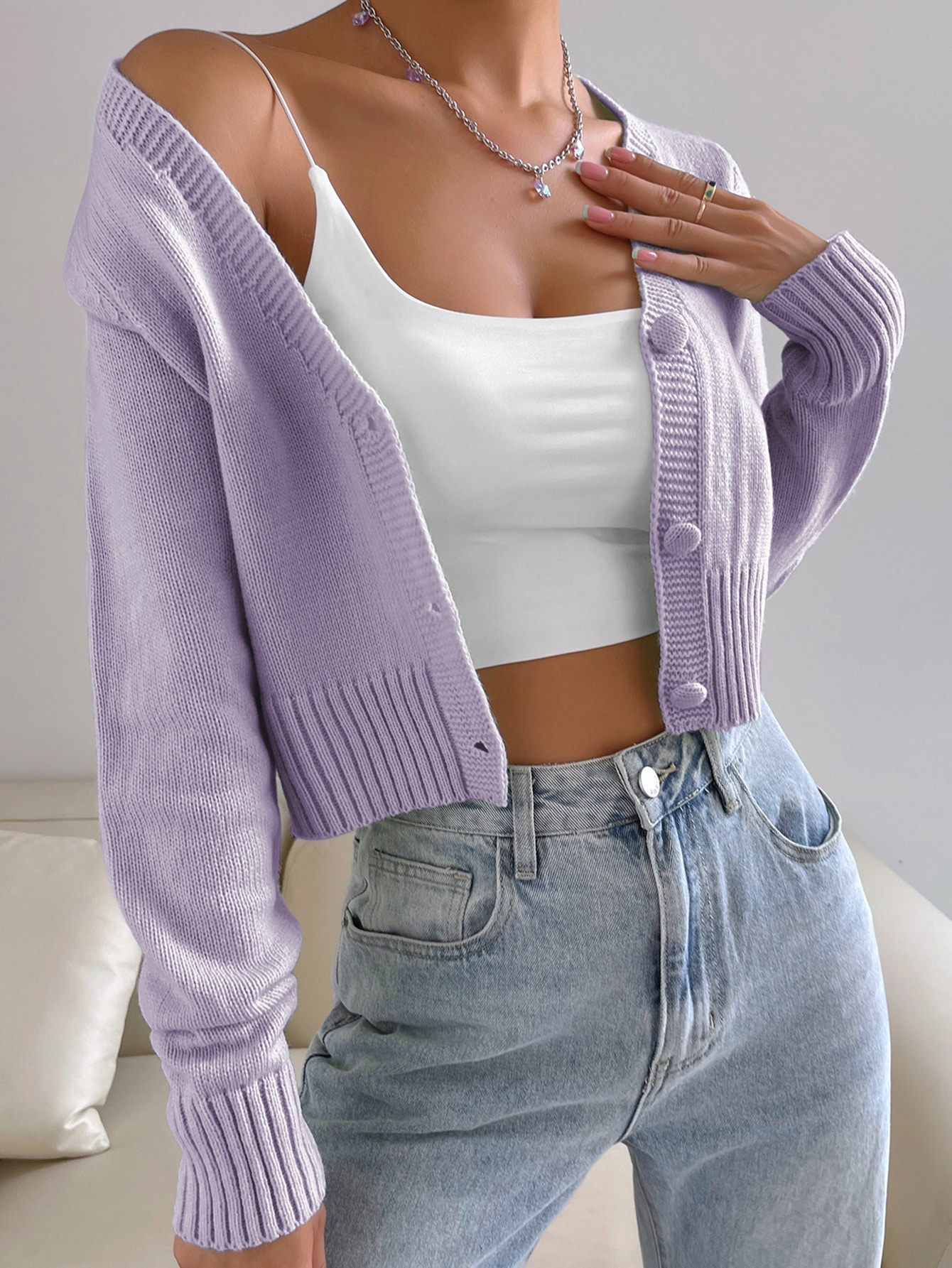 SHEIN EZwear Button Front V Neck Cardigan