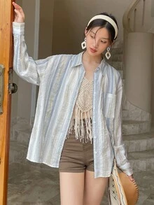 DAZY Striped Drop Shoulder Shirt - Multicolor - View 8