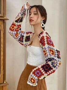 DAZY Geo Crochet Shrug Cardigan Boho - Multicolor - View 1